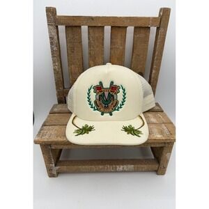 True Religion Cream Mesh Trucker Hat Embroidered Crest Logo Palm Detail